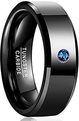 Vakki Schwarzer Ehering 8mm Blauer Zirkon Inlay Herren Damen Wolfram Ring Modeschmuck Komfort Fit Größe 62(19.7)