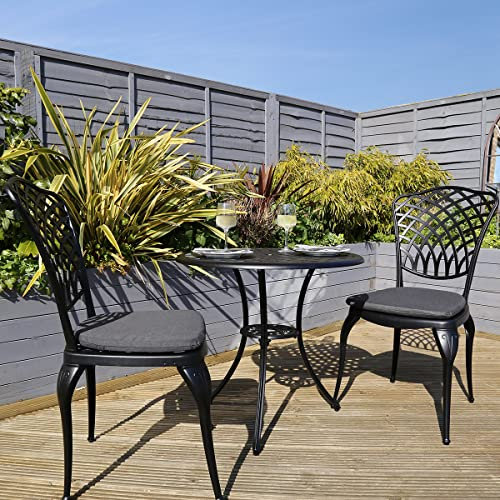Charles Bentley Cast Aluminium Bistro Round Table And 2 Chairs Set, Black, Outdoor Table, with Dark Grey Cushions, Garden, Patio, With Central Hole For Parasol, Weatherproof, Armchairs (70x70x68cm)