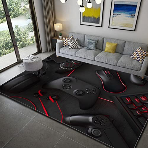 Alfombra Grande del Dormitorio de la Sala de Estar del Jugador Moderno 3D Consola de Juegos Joystick Teclado Mouse Auriculares Patrón de Cable de Datos Alfombra Franela (Negro,100x150 cm)