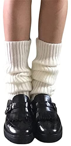 Women Girls Japanese Style Leg Warmer Kawaii Knit Boot Socks 90s Solid Striped Gothic Crochet Leg Warmers (White-Short, One Size)