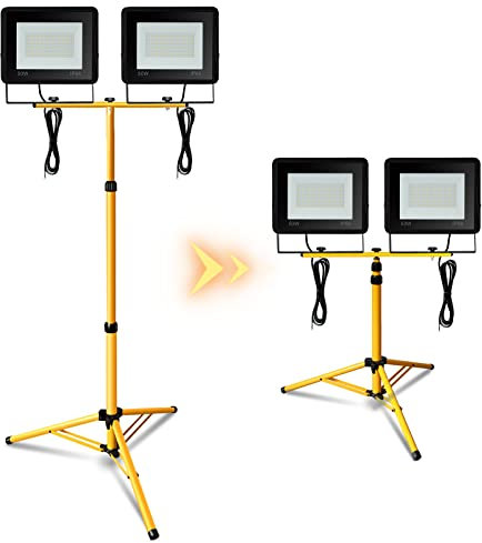 Tubiaz LED Baustrahler 2x50W Kaltweiß mit Stativ, LED Fluter Floodlight 3000K Scheinwerfer 4250LM, IP66 Wasserdicht Arbeitsscheinwerfer Baulampe für AußenBaustelle (mit 1m Kabel,kein Stecker)