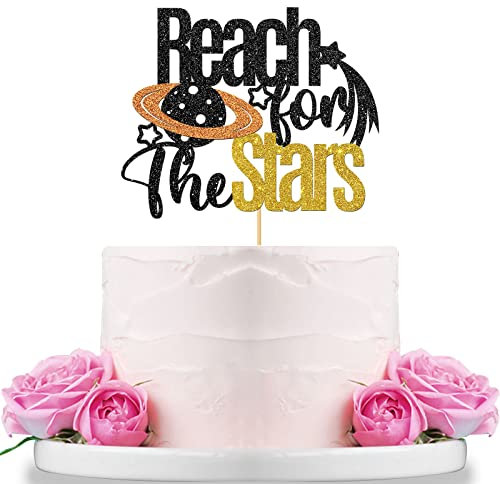 WeBenison Reach for The Stars Cake Topper/Graduation Party Cake Decor/Baby Shower/Retirement/Wedding Party Decorations Black Glitter