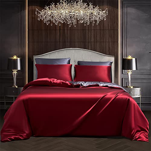 Luowei Bettwäsche 135x200 cm Satin Seide Wende Bettwäsche Set Rot Grau Luxus Hoteldekoration Bettbezüge Atmungsaktiv und seidig wie Haut mit Reißverschluss und 1 Kissenbezug 80x80cm
