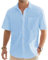 J.VER Herren Leinenhemd Kurzarm Sommerhemd Freizeithemd Kurzarmhemd Men´s Shirt Herren Klassisches Sommer Leinenshirt mit Brusttasche,Azurblau,3XL