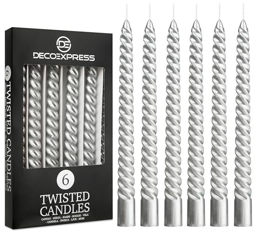 DECO EXPRESS Stabkerzen Set 3er oder 6er Tropffreie Stabkerzen Gedrehte Spiralkerzen Bunte Kerzen Brenndauer 6 Stunden Unparfümiert (Silber, 6er-Pack)