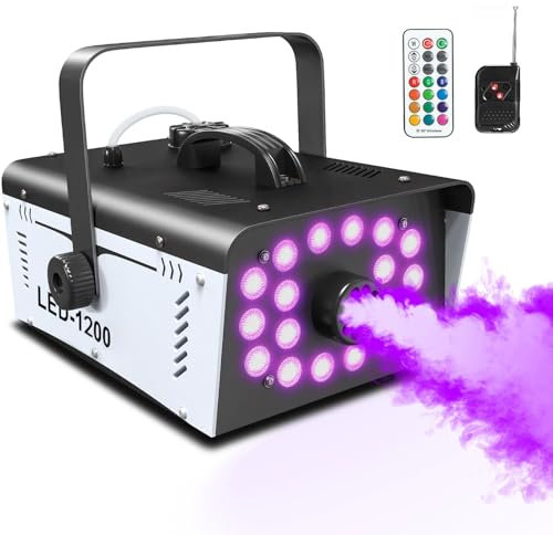 Machine à brouillard d'Halloween d'extérieur 1200 W avec 18 lumières LED, machine à fumée avec télécommande, parfaite pour fête, scène, mariage, intérieur