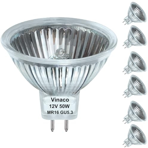 Vinaco MR16 Halogen Bulb 50W 12V, 6p Pack MR16 Bulb Dimmable, Long Lasting MR 16 GU5.3 50Watt Bulb, 2800K Warm White with GU5.3 Base, Halogen 12V 50w for Landscape, Track Lights, and Fiber Optics