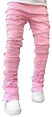 Geagodelia Jeans da Uomo Strappati Slim Fit Pantaloni in Denim Casual Hip-Hop per Uomo Ragazzo S-XXL Regalo (Rosa, L)