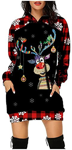 Weihnachts Hoodie Damen Lang Casual Langarm Pullover Sweatshirt mit Kapuze Taschen Lose Kapuzenpullover Mini Kleid Elegante Herbst Winter Weihnachtskleid Oversized Pulloverkleider Hoodie Kleid