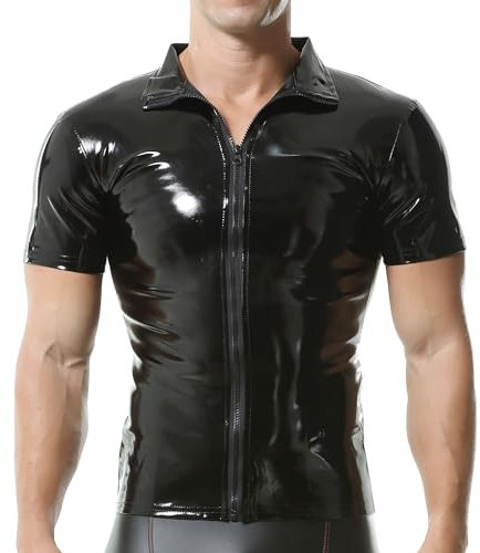 QiaTi Herren Kunstleder Polo Shirts Herren Kurzarm Tops mit Reißverschluss Muscle Fit Collared Shirts für Casual Workout Shirts