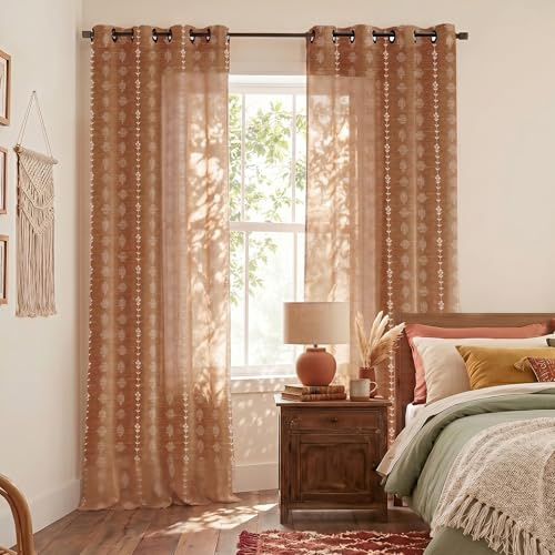 Lino Rosa Böhmische Vorhänge für Wohnzimmer, durchscheinend, bodenlang, indischer Boho-Stil, einzigartige Vorhänge, 244 cm lang, 2-teiliges Set, Terrakottafarbe und cremefarben