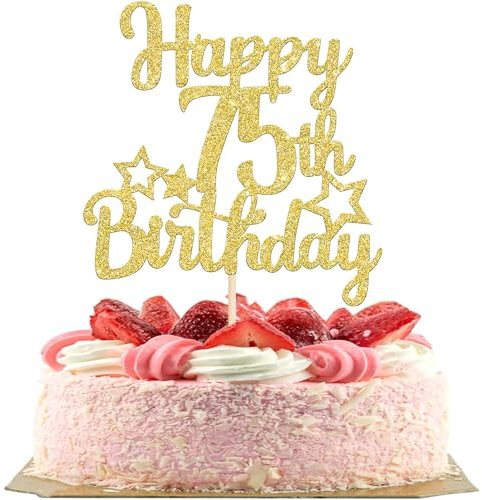 SYKYCTCY 1 Pack Happy 75th Birthday Cake Topper Glitter Little Star 75 Fabulous Cake Pick Birthday Sign Cake Decorations for 75th Birthday Theme Party Supplies