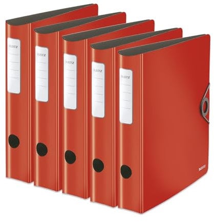 Leitz Qualitäts-Ordner 180° Active Solid, 5er Pack, A4, Schmal, Abgerundeter Rücken, 6,5 cm breit, Gummibandverschluss, Leichtes Polyfoam, Plastik-Ordner, Rot, 10481020