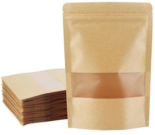 100 bolsas de papel kraft con ventana de 10 x 15 cm, color marrón, para alimentos, café y aperitivos, resellables