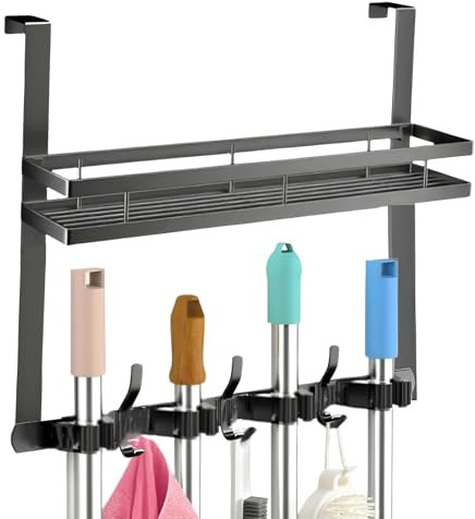 EARLESS BEAR Broom Holder Over The Door Over Door Broom and Mop Rack Over The Door Hooks Organizer With4 Slots & 3 Hooks 1 Storage Basket For Laundry Room, Garage, Closet, Kitchen Decor (black)