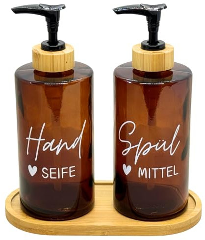 BoBoU 2er Set Glas Seifenspender Braunglas 320ml Retro Design Braune Glasflasche Pumpenkopf aus Bambus mit Tablett handgeschriebener Text Spülmittelspender Handseifenspender Küche Bad