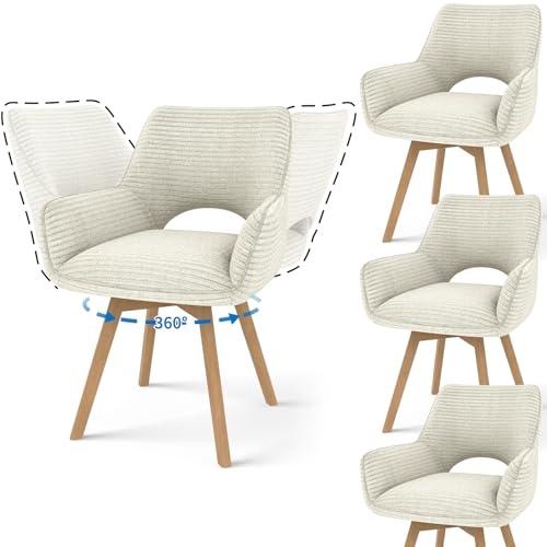 JIJIAN 4er Set Esszimmerstuhl Drehbar mit Armlehne und Holzbeinen, 360° Drehbar, Moderner Polsterstuhl mit Stoffrückenlehne für Küche, Wohnzimmer, Schlafzimmer, Beige