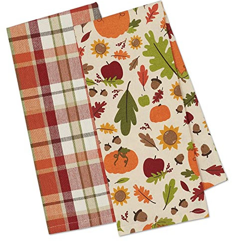 DII Fall Basics Kitchen Kollektion Bedrucktes & Plaid Herbst Geschirrtuch-Set, Baumwolle, Kürbisgewürz, 18x28, 2