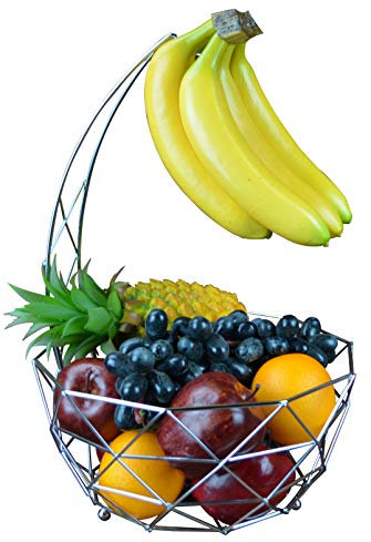 Roselife - Cuenco de metal para fruta,cesta frutas, Cuenco de frutas ,con colgador de plátano, cuenco de almacenamiento de frutas, oro rosa, plata, acabado cromado 28.5x 28.5 x 43cm plata