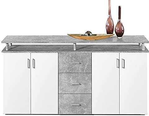 möbelando Highboard Kommode Standschrank Sideboard Anrichte Beistellschrank Lyndy I Beton/Türen Weiß