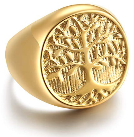 AFSTALR Anello da uomo con albero della vita, anello in acciaio inossidabile, con anello vintage punk, argento e oro nero, Acciaio inossidabile