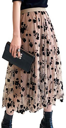 Damen Tüllrock Falten Rock Höhe Taille A Line Mesh Freizeit Spitze Midi Röcke (Blumen-Khaki), one Size