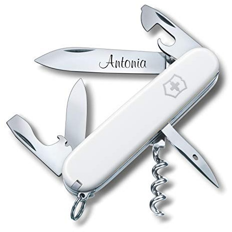 Victorinox Couteau de Poche Spartiate avec Demande Gravure sur Lame I Cadeau pour Hommes Femmes I pour Anniversaire I Suisse Personnalisé avec 12 Fonctions 1.3603 - Blanc, 84x23x13mm