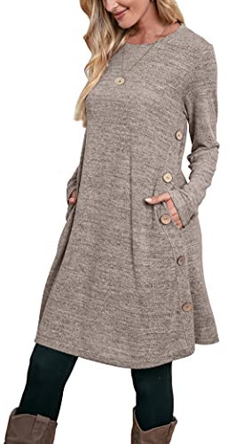 Aokosor Jumper Dress for Women Long Sleeve Dress Ladies Button Tunic Dress with Pockets Khaki Size 10-12