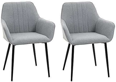 HOMCOM 2er Set Esszimmerstühle Essstühle Polsterstuhl mit atmungsaktivem Leinenbezug Wohnzimmerstuhl Sessel Küchenstuhl mit Rückenlehne Armlehne Leinen Hellgrau 59,5 x 56,5 x 81 cm