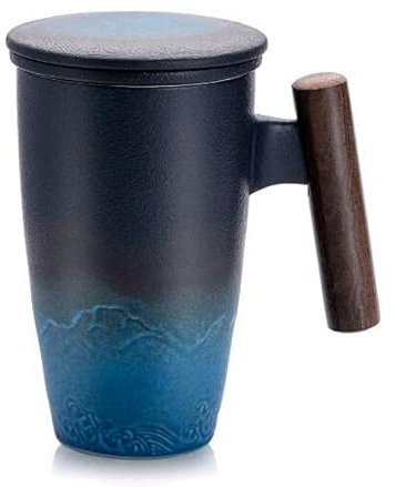 SULIVES Tea Cup with Lid, Porcelain Tea Mug with Stainless Steel Infuser, Gradient Large Ceramic Teacup, Perfect for Office and Home Use, Black 400ml (Black Cyan)