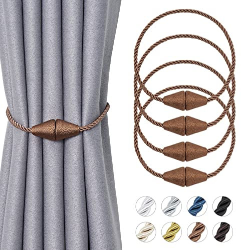 Pretty Jolly Magnetische Vorhang-Raffhalter, handgefertigt, gewebt, Seil, Vorhanghalter, praktisch, dekorativ, Kegelvorhang, Raffhalter für Zuhause und Büro, Fenstervorhänge (New Light Coffee), 4