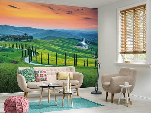 Papier Peint Panoramique Mural Toscane Lever du Soleil Vert Orange Jaune Bleu Paysage 3,50 x 2,55 m
