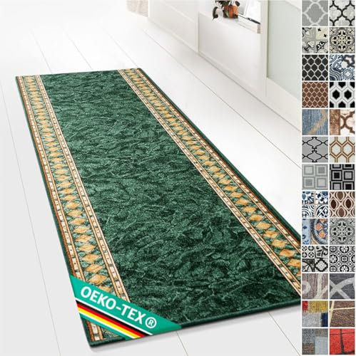 KARAT Moderner Wohnteppich mit Muster - maßgefertigter Teppichläufer - Meterware - Teppich Läufer für Küche, Flur & Wohnraum - Flurteppich - Küchenläufer (80 x 400 cm, Rügen Grün)