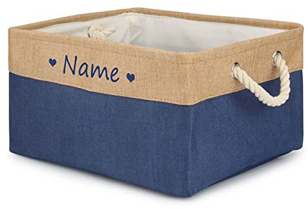 TONYFY Personalisierte Hundespielzeug-Aufbewahrungsbox, Zusammenklappbarer Aufbewahrungskorb mit individuellem Tiernamen, Zum Aufbewahren von Hunde katzen zubehör, Haustierbedarf (Herz-Dunkelblau)