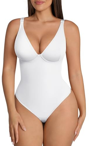 FeelinGirl Shapewear Bodysuits for Women Tummy Control Body Shaper Thong Body Suits Deep V Neck Going Out Tank Tops（White XL）