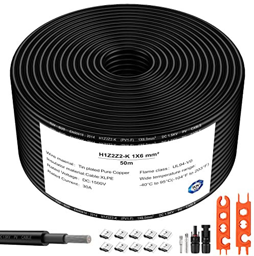 Proster Câble d'Extension de Panneau Solaire 50M 6mm² - Fil de Cordon Photovoltaïque Noir avec Connecteur Femelle et Mâle - IP68 pour Système Solaire