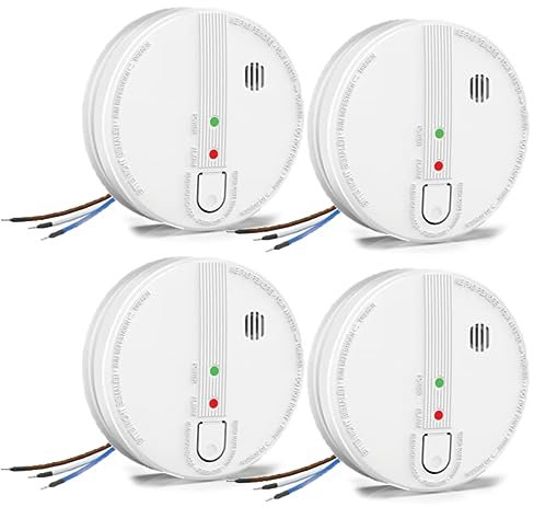 Wired Smoke Alarm, Interlinked Fire Alarm with LED Indicator and Silence Button, 10-Year Life Smoke Detector with 9V Battery Backup, Mains-powered, Conforms to EN14604 Standard, 4 Pack