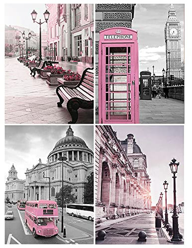 DCIDBEI 30 x 40CM 4er Diamond Painting Landschaft Stadt, Diamant-Malerei 5D Bus, Diamant Painting Bilder Telefonzelle für Erwachsene, ideal zur Innendekoration Lustiges Geschenk, Rosa Straße