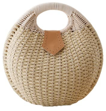 HINGTAT Sac en rotin rond de style bohème - Fait à la main - Pour femme - Tendance - Sac de plage d'été - Sac à bandoulière en rotin classique - Sac en paille chic, beige