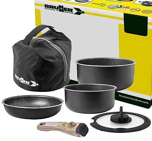 BRUNNER: Camping Kochgeschirr Alu-Topfset (Töpfe und Pfannen) - 5+1 teilig ø 22 cm PIRATE SPACEMASTER - 1-2 Personen, Stapelbar, Antihaft, Leicht, Hochwertig