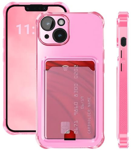 ELEVAVIDA Handyhülle für iPhone 14 rosa transparent mit Kartenfach und Kameraschutz - stoßfeste Antishock Ecken, Schutzhülle für Apple iPhone 14 pink Slim case