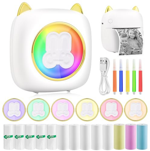 GuKKK Mini Drucker, Mobiler Fotodrucker, Tragbarer Mini Fotodrucker, Wireless Fotodrucker Thermodrucker, mit 13 Rollen Druckerpapie und 5 Buntstifte, Smartphone Bluetooth Drucker, für Liste, Journal
