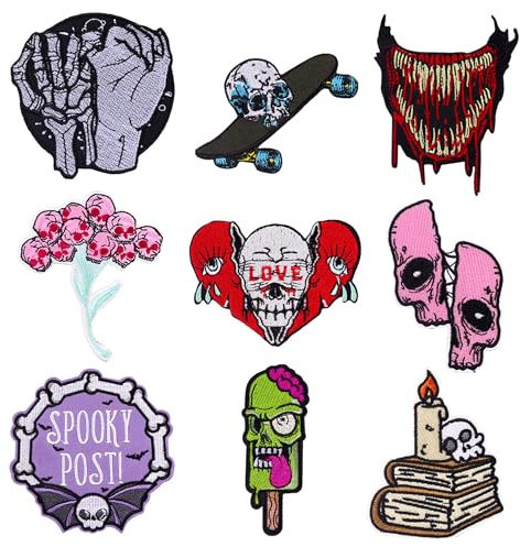 Attuslla Patch Embroidered, 9 PCS Skull Iron on Applique Sew On Patches Iron on Patches for Halloween Craft, Sewing, Clothing, Other Fabrics
