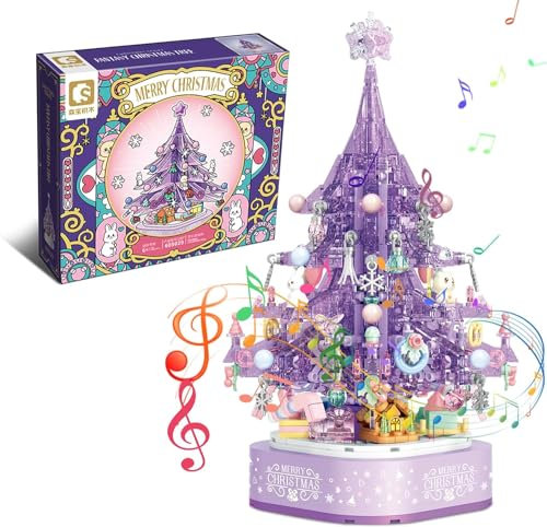 Weihnachtsbaum Bausteine Bausatz, 729 Weihnachten Spieluhr Klemmbausteine, Rosa Kristall Weihnachten Geschenke Spielzeug für Erwachsene und Kinder, Kompatibel mit Große Marke Technic