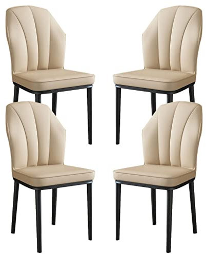 Küchen-Esszimmerstühle aus Leder, 4er-Set, Schlafzimmer, Ehezimmer, Balkon, Sofa, Stuhl, schmiedeeiserne Beine, Schminktisch, Make-up-Stuhl (Farbe: Beige, Größe: Schwarze Füße)