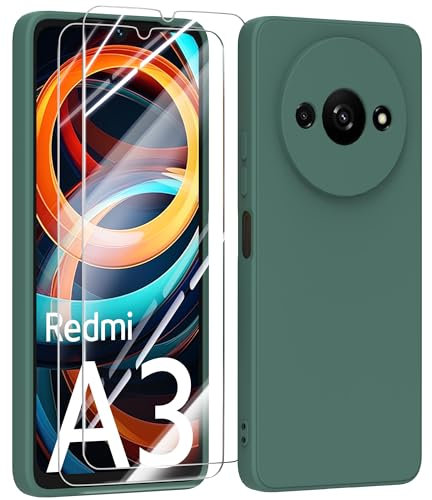 MIKULLE Silicone Coque pour Xiaomi Redmi A3 4G avec 2 Verre trempé Protection écran, Couleur Pastel Ultra-Mince Souple Housse pour Xiaomi Redmi A3 4G (6.71) - Vert foncé