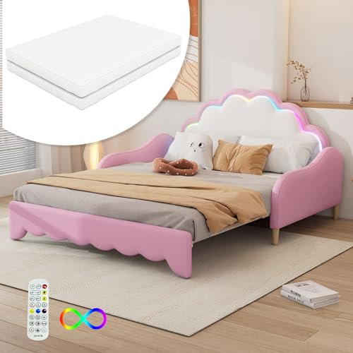 MQGPM Erweiterbares Kinderbett Tagesbett 140 x 200cm mit Matratze, Polsterbett mit Lattenrost für Wohnzimmer Schlafzimmer, Kunstleder, Rosa