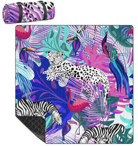 Mularoka Picknickdecke, Zebra-Leopardenmuster, Flamingo, wasserdicht, sanddicht, faltbar, Stranddecke, 200,7 x 200,7 cm, extra groß, tragbar, waschbar, Outdoor-Matte für Camping, Park, Gras, Wandern,