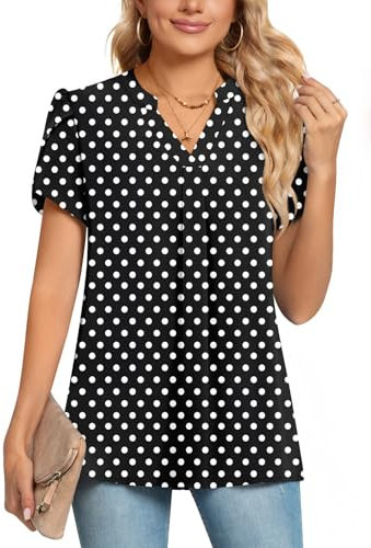 POPYOUNG Womens Summer Casual Chiffon Petal Sleeves Office Blouses V Neck Business Tops Work Shirts XL,Polka dot Black