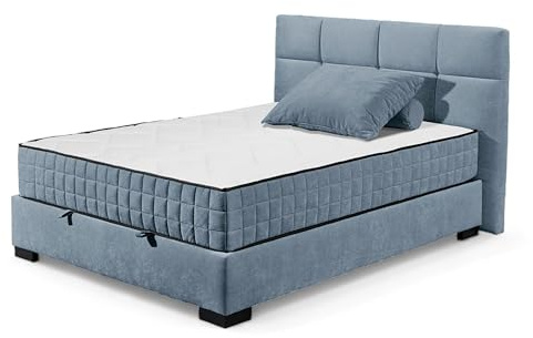 NAGOL A Boxbett 140x200, Denim - Bequemes Bett mit Bettkasten und Premium 9-Zonen-Federkern Wendematratze - 165 x 114 x 214 cm (B/H/T)